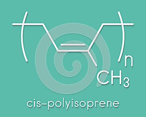Natural rubber (cis-1,4-polyisoprene), chemical structure. Used to manufacture surgeons' gloves, condoms, boots, car tires, etc.