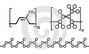 Natural rubber (cis-1,4-polyisoprene), chemical structure. Used to manufacture surgeons\' gloves, condoms, boots, car tires, etc.