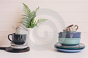 natural rustic handmade kitchenware on wooden background.