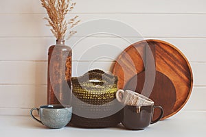 natural rustic handmade kitchenware on wooden background.