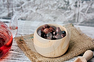 Natural rustic organic berries. Collection of mountain berries in wooden bowl