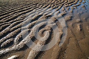 Natural sand patterns in beach at low tide.