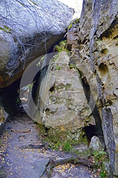Natural sandstone tunnel in the town of Kamenny Gorod