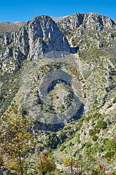 Natural scenery from the famous Ridomo gorge in Taygetus Mountain. The Gorge is deep and rich in geomorphological formation