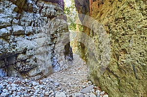 Natural scenery from the famous Ridomo gorge in Taygetus Mountain. The Gorge is deep and rich in geomorphological formation