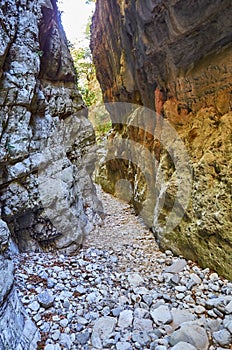 Natural scenery from the famous Ridomo gorge in Taygetus Mountain. The Gorge is deep and rich in geomorphological formation