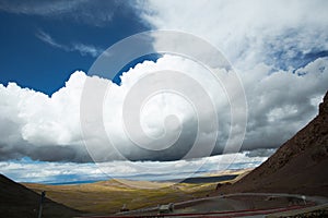 Natural scenery and Qinghai Tibet highway in the mountainous area of Qinghai Tibet Plateau in China