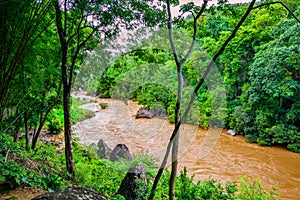 Natural scenery of river with turbulent muddy water flowing during the rainy season in Op Luang National Park