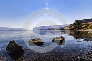 Natural scenery of Wanapum Lake Columbia River and Vantage Bridge in Summer.