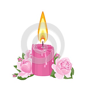 Natural scented Candle with Rose isolated on white background. Vector illustration of burning candle and pink rose flower