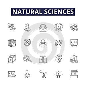 Natural sciences line vector icons and signs. Chemistry, Astronomy, Geology, Physics, Ecology, Paleontology