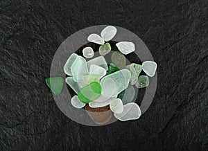 Natural Sea Glass, Beach Glass Stones, Polish Textured Seaglass, Transparent Pebbles on Black Background