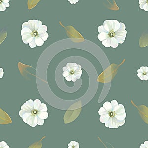Natural seamless pattern with delicate flowers and fresh leaves against dark green background. Beautiful texture. Vector