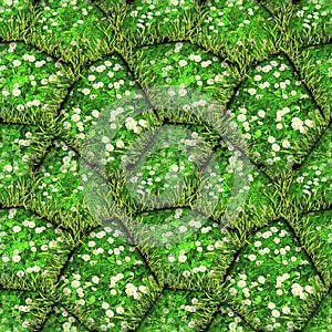 Natural seamless pattern of green stones with daisies and grass