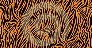 Natural seamless pattern with orange zebra or tiger coat of fur texture. Bright colored animal backdrop with stripes