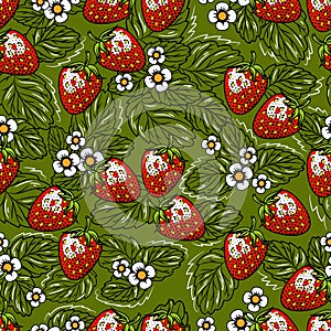 Natural seamless pattern with strawberry, leaves and flowers. Botanical background with fruit.