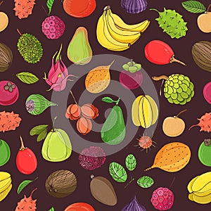 Natural seamless pattern with whole tasty fresh ripe juicy exotic tropical fruits on dark background. Hand drawn