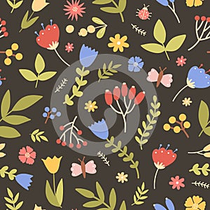 Natural seamless pattern with wild blooming plants on black background. Motley backdrop with meadow flowers, berries