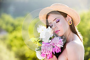 Natural seasonal background. Natural beauty and spa therapy. Spring woman. Springtime and vacation. Summer girl with