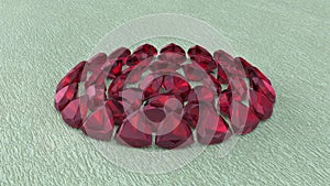 Natural Semitransparent Oval, Round, Pear And Triangular Shape Faceted Red Rubies Precious Gemstones On Silk Fabric