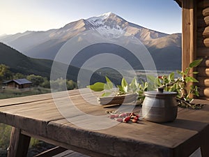 Natural Serenity. Ashwagandha on Wooden Table Against Mountain Backdrop.