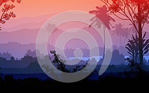 Natural silhouettes forest mountains horizon hills in Evening Sunrise and sunset Landscape wallpaper Illustration vector style