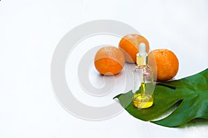 Natural skin care beauty products. Aromatic oils in glass bottles, vitamin C serum on green leav on white background. photo
