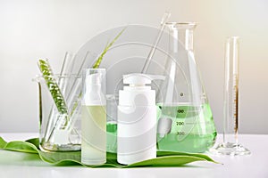 Natural skin care, Green herbal organic beauty product discovery at science lab photo