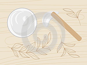 Natural Skin Care. Natural cosmetics and leaves on wooden table background. Spa cosmetics vector isolated. Herbal