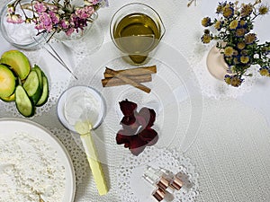 Natural skin care products.Table with products on a white background.