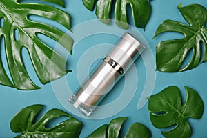 Natural skincare beauty product concept, Cosmetic bottle containers packaging with green herbal leaves