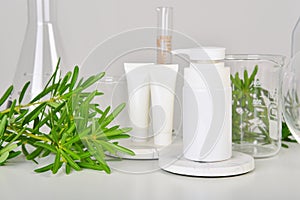 Natural skincare beauty product, Cosmetic white bottle containers packaging with green nature leaves, Blank label for organic spa