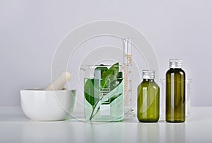 Natural skincare beauty product research, Organic botany extraction in scientific glassware at science laboratory