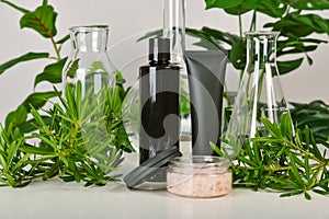 Natural skincare beauty products, Organic botany extraction for sea salt body scrub and scientific laboratory glassware