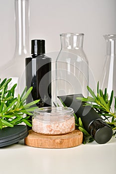 Natural skincare beauty products, Organic botany extraction for sea salt body scrub and scientific laboratory glassware