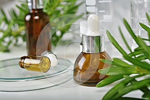 Natural skincare beauty products, Organic extraction research for concentrate serum and scientific laboratory glassware