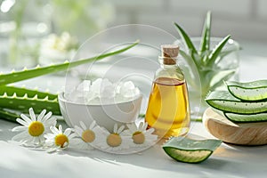 Natural skincare ingredients. Aloe vera and chamomile on summer background. Generative AI