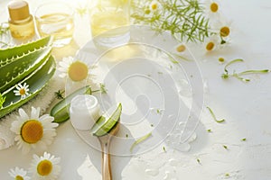 Natural skincare ingredients. Aloe vera and chamomile on summer background. Generative AI