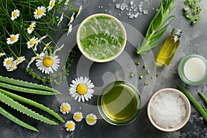 Natural skincare ingredients. Aloe vera and chamomile on summer background. Generative AI