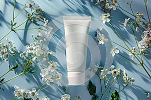 Natural skincare presentation White cosmetic tube with delicate flowers