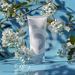 Natural skincare presentation White cosmetic tube with delicate flowers