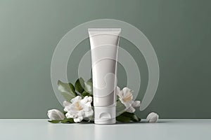 Natural skincare product branding mock up. Blank white bottle plastic tube on table. Beauty cosmetic concept. Generative AI