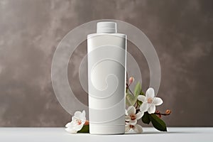 Natural skincare product branding mock up. Blank white bottle plastic tube on table. Beauty cosmetic concept. Generative AI