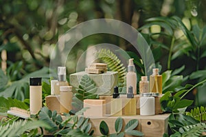 Natural skincare products arranged among lush greenery