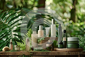 Natural skincare products arranged among lush greenery