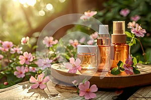 Natural Skincare Products on Wooden Platter Surrounded by Pink Blossoms in Sunlit Garden Setting