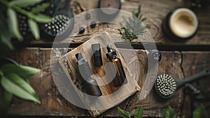 Natural skincare products on a wooden surface photo