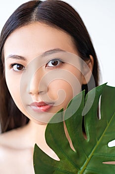 natural skincare spa therapy woman face green leaf