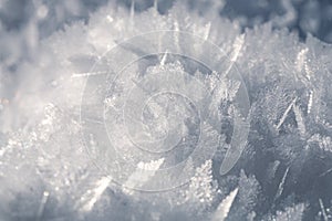 Natural snow crystals. Very frosty weather in the mountains. Macro photography