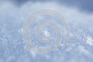 natural snowflakes on snow, photo of real snowflakes. Winter snow background. Snowflake close-up. Macro photo. Copy